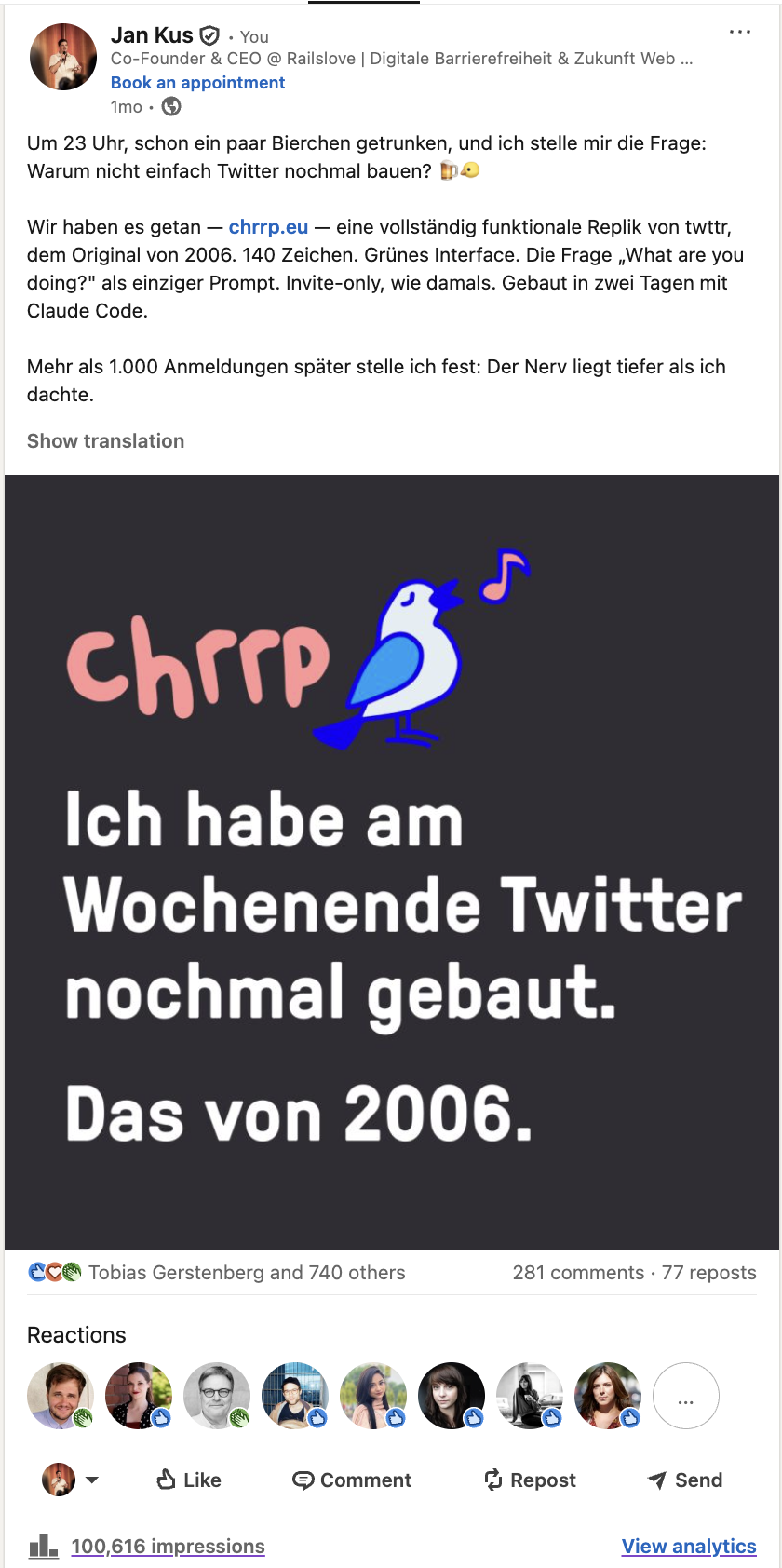 LinkedIn-Post von Jan Kus: Um 23 Uhr, schon ein paar Bierchen getrunken — Warum nicht einfach Twitter nochmal bauen?